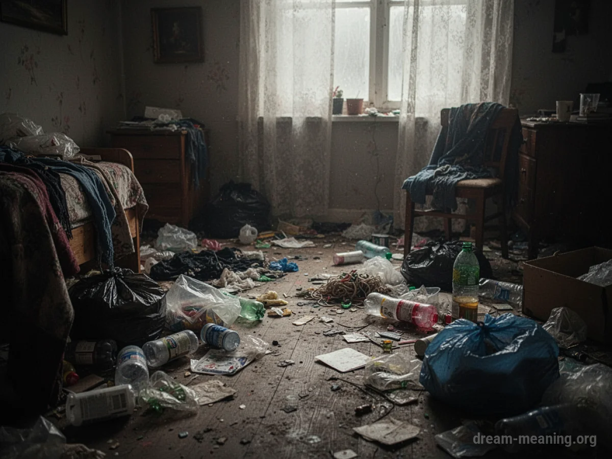 A cluttered room with various items strewn across the floor.
