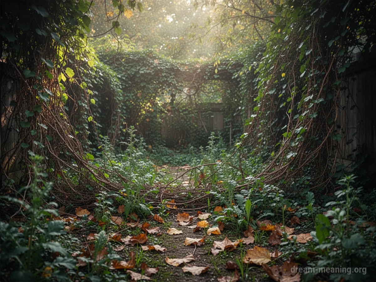 An overgrown garden filled with weeds and fallen leaves.