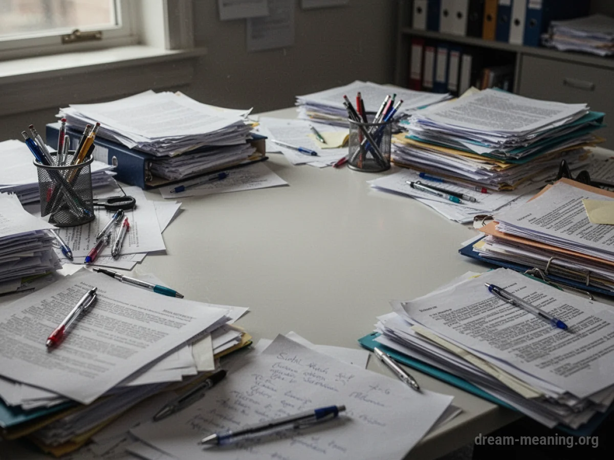 A desk covered in piles of paper, pens, and office supplies.