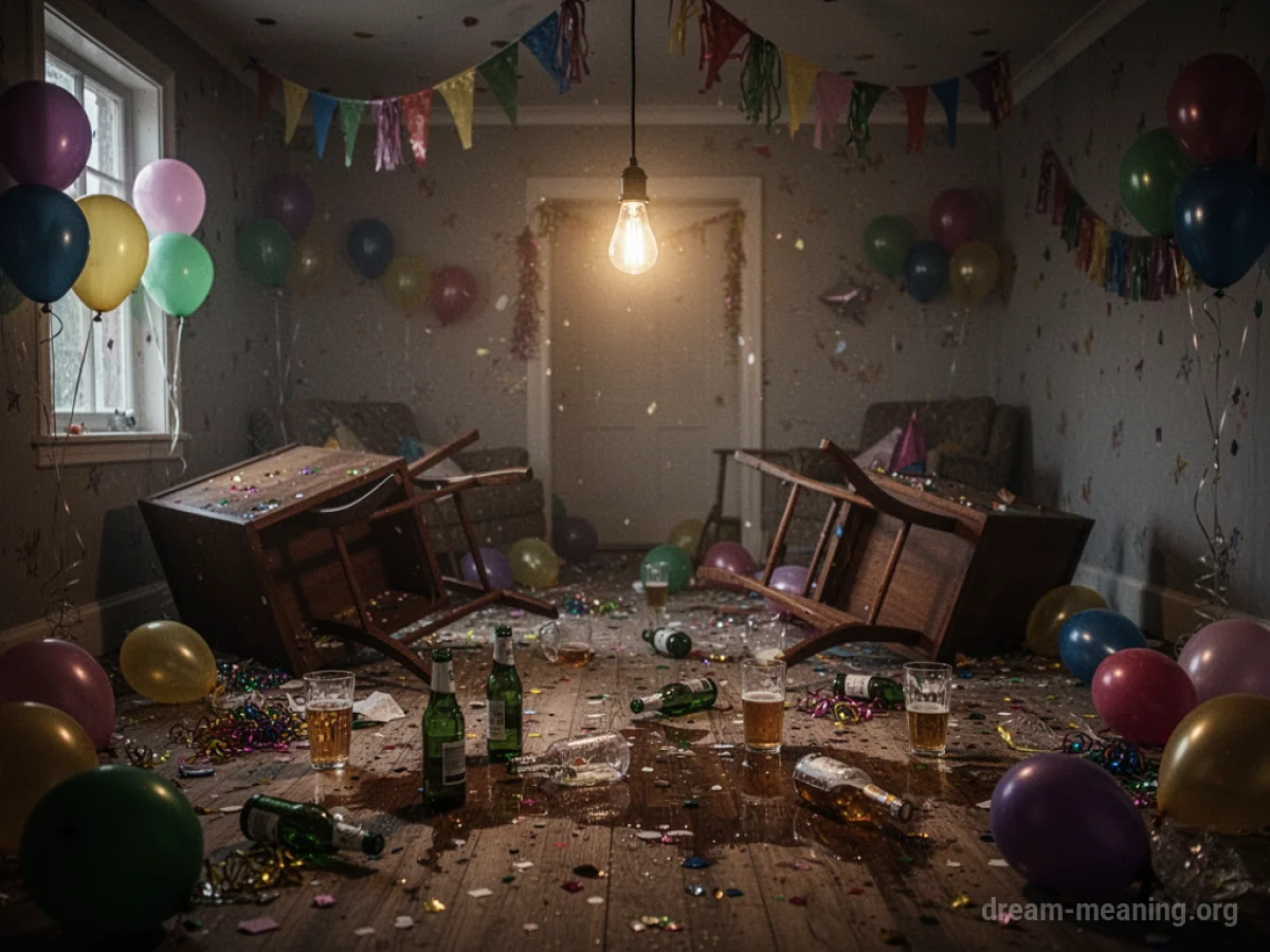 A chaotic party scene with scattered debris and overturned furniture.