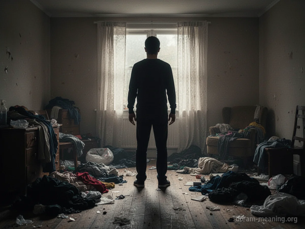 Silhouette of a person in a cluttered room.