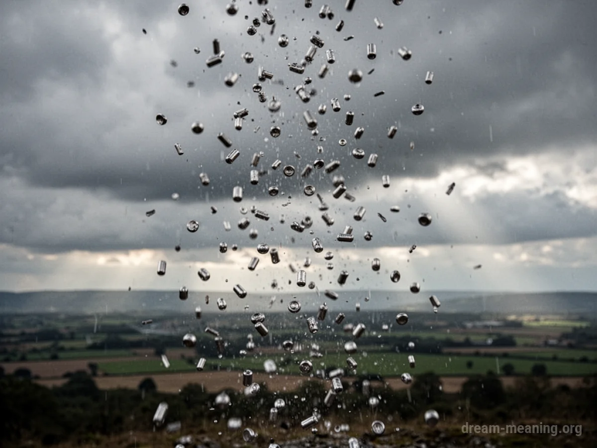 Metallic objects descending from a gray sky.
