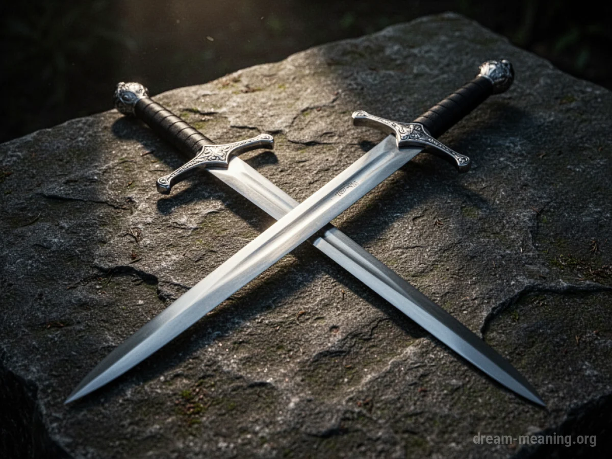 A metal sword lying on a stone surface with dramatic lighting.
