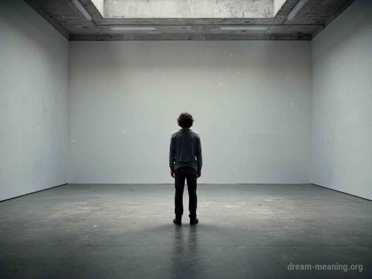 A lone figure stands in the center of a large, bare, empty room.