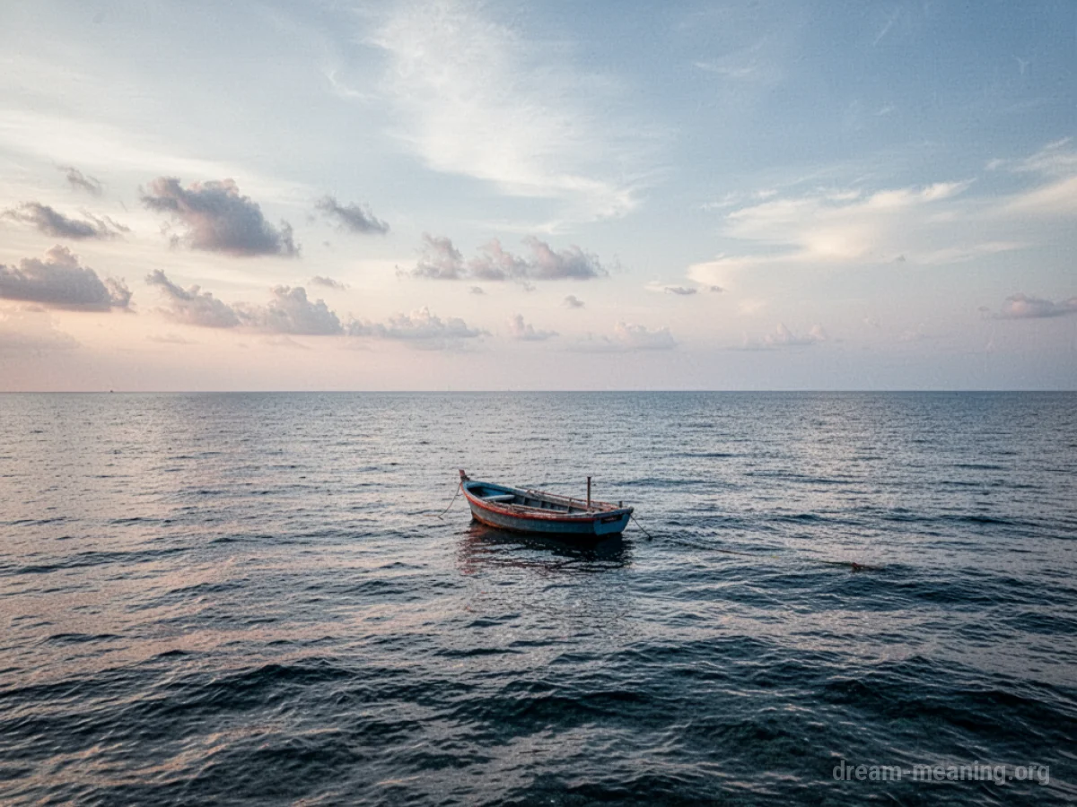 A small boat floating in the center of a large, empty ocean.