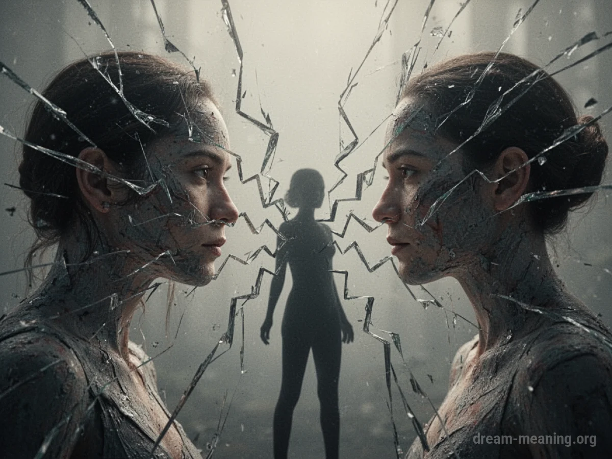 Silhouette of a person standing between two abstract figures engaged in conflict.
