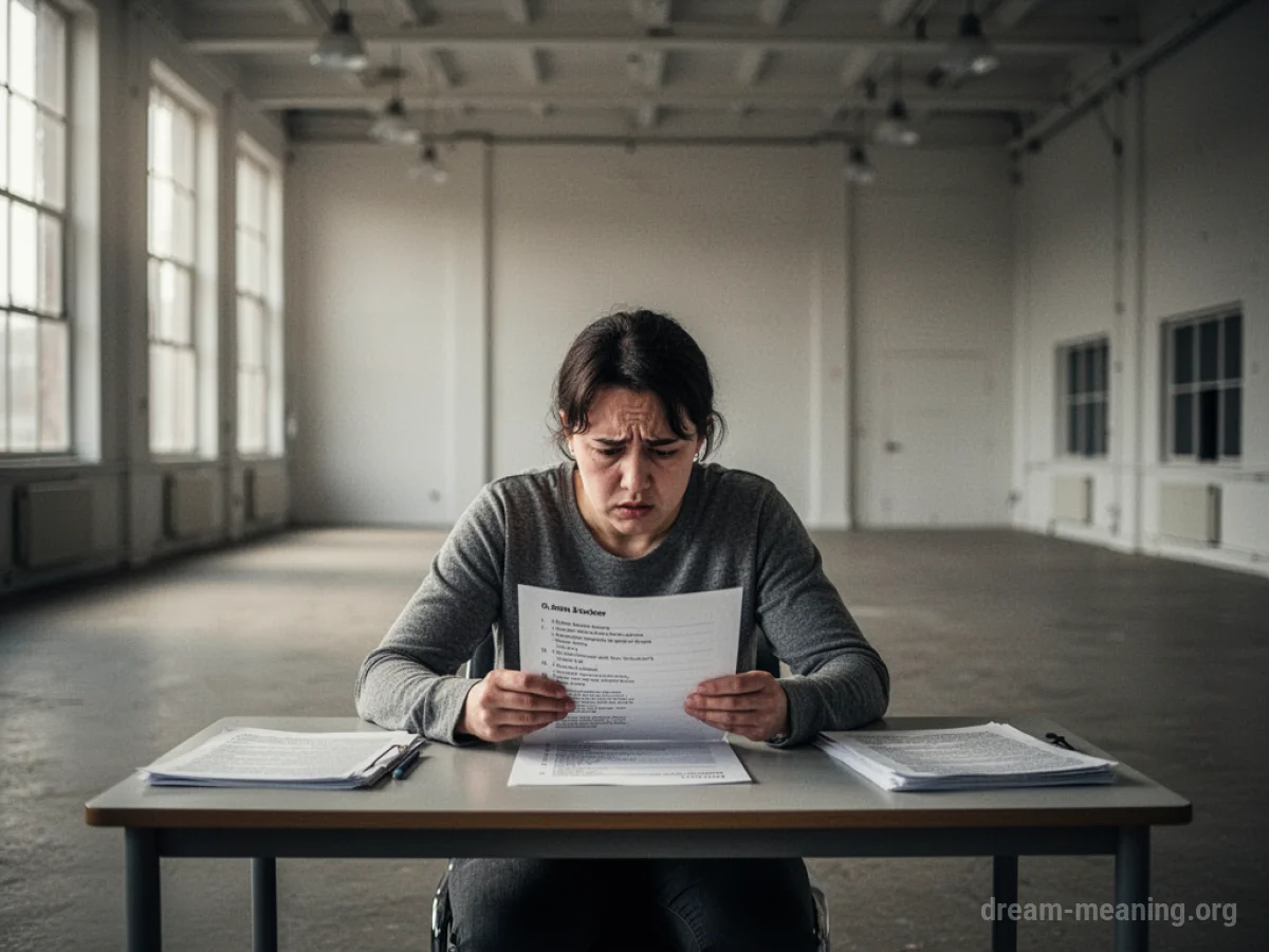 A student sits at a desk in a large, empty examination hall.