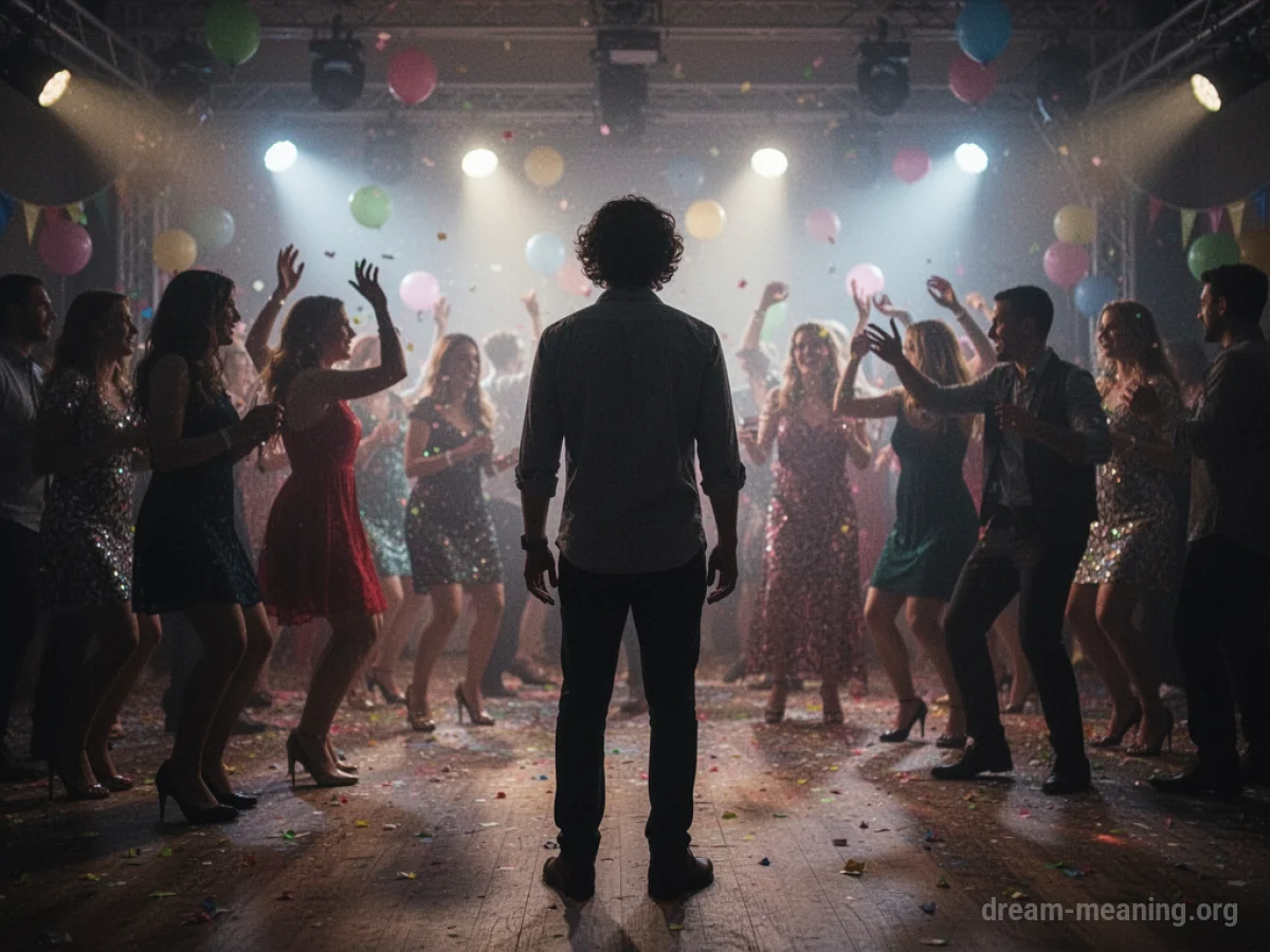 A solitary figure stands in the center of a lively, out-of-focus party.