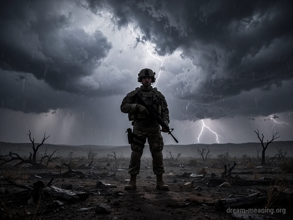 Silhouette of a soldier in a desolate landscape under a stormy sky.