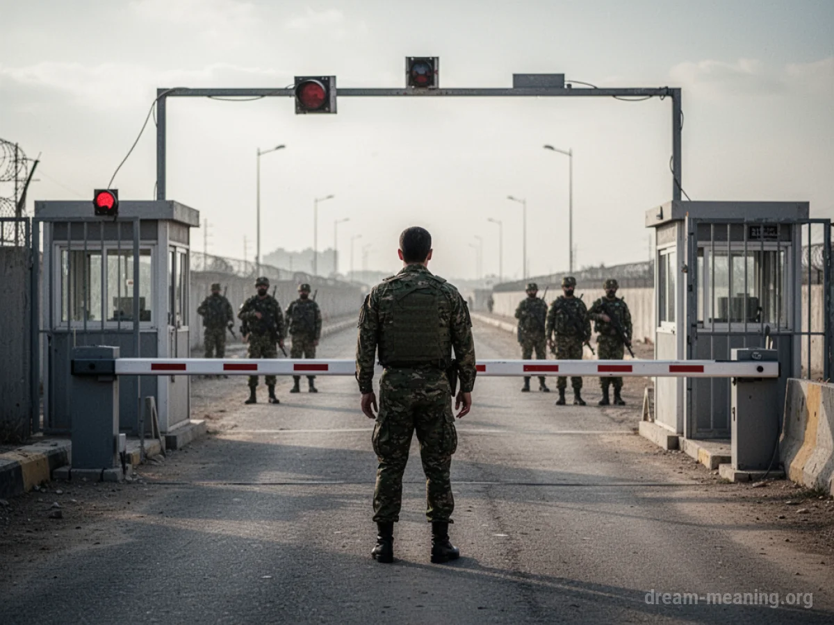 A person facing a barrier with distant figures in uniform.