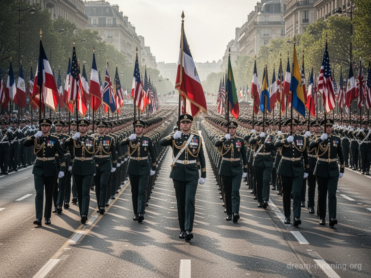 A uniformed military unit marching in formation on a street.