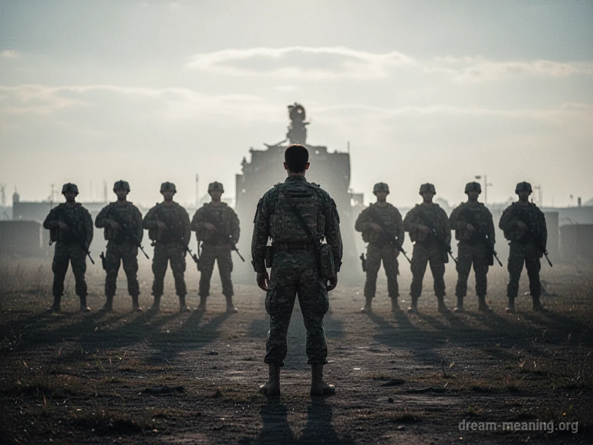 Silhouette of military figures overlooking a single person.