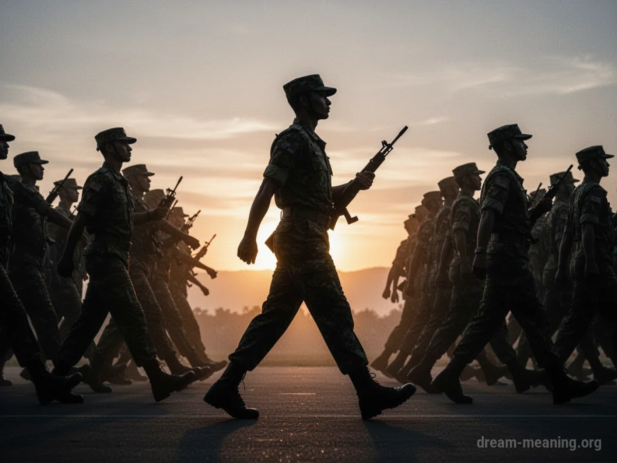 Silhouette of a person marching in formation with a sunrise in the background.