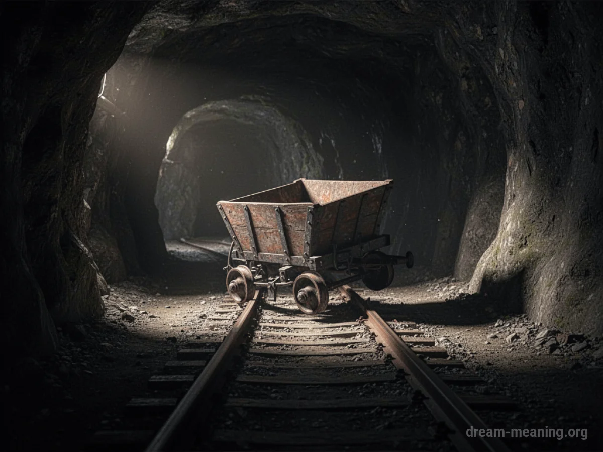 A derailed mine cart on tracks in a dimly lit tunnel.