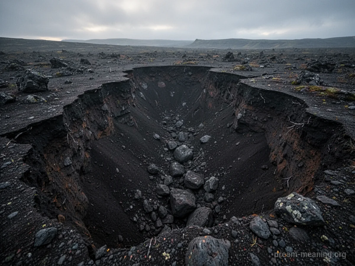 A view of a collapsed mine shaft opening into the earth.