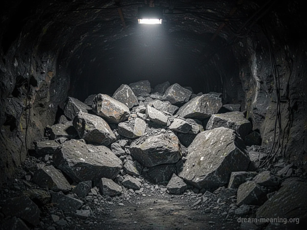 A sealed mine entrance blocked by rubble and large stones.