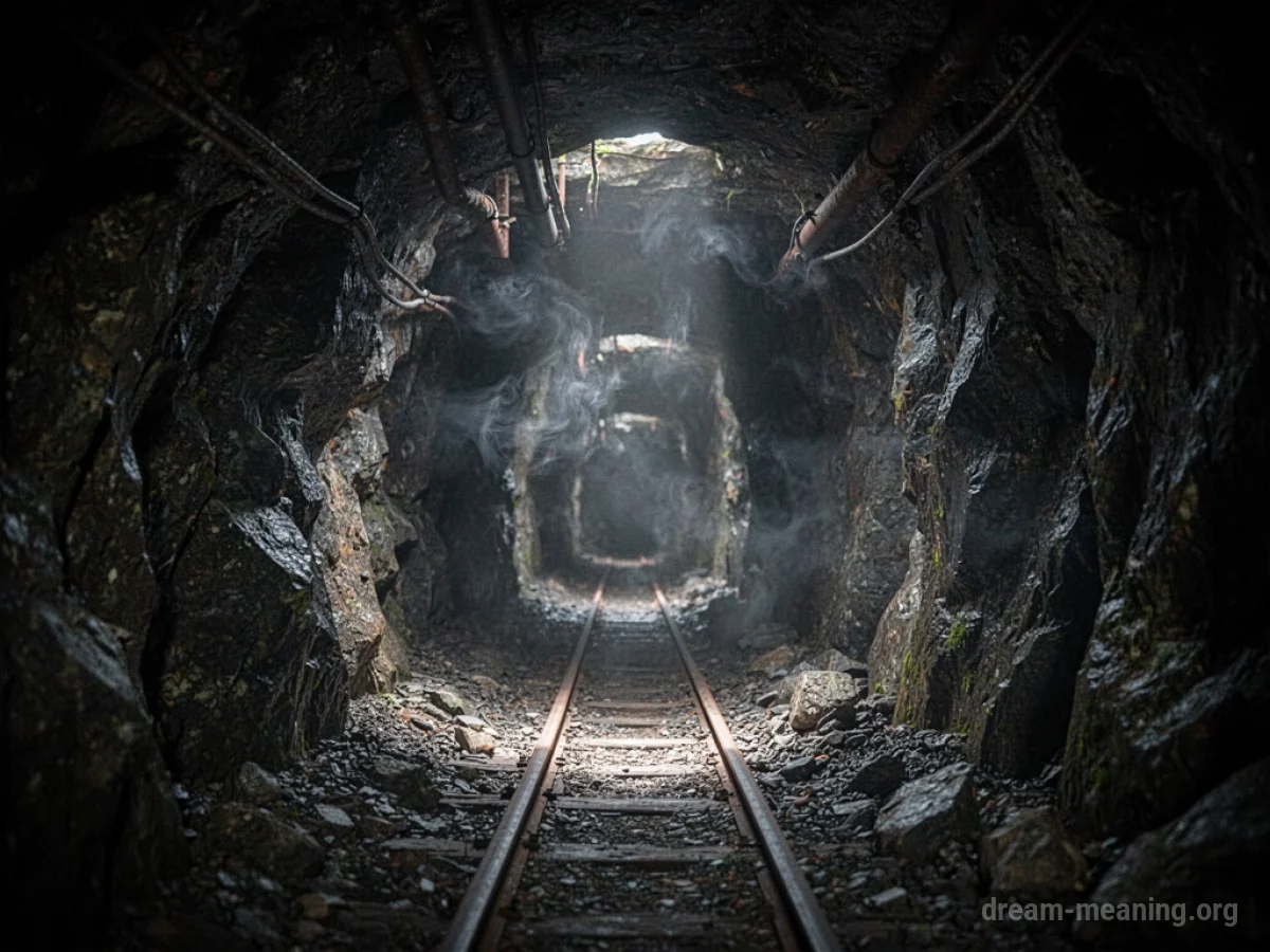 A dimly lit mine shaft with faint mist.