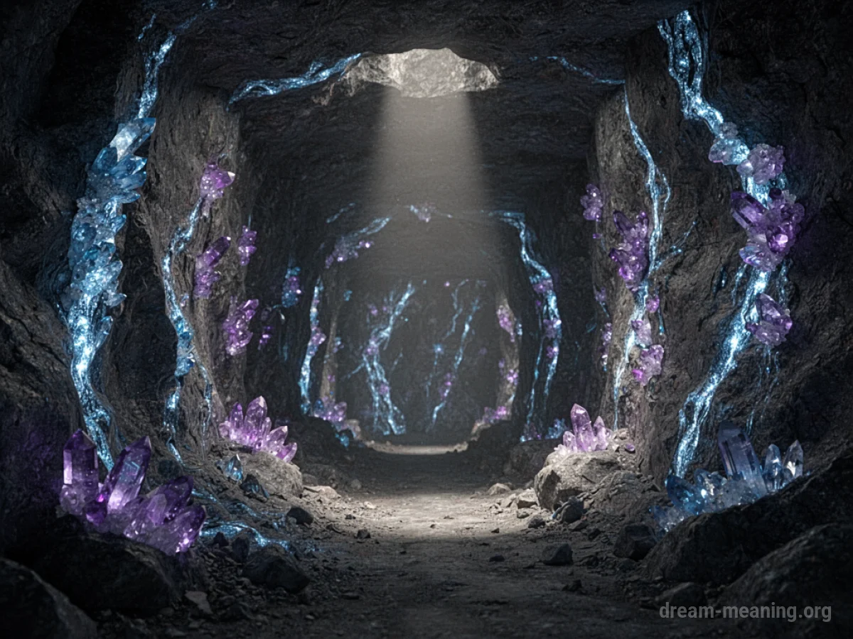 Interior of a mine shaft with glowing crystals in the rock.