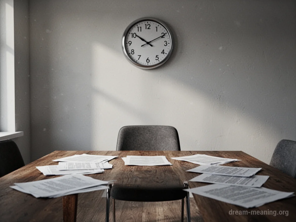 An empty chair at a meeting table with scattered papers and a clock on the wall.