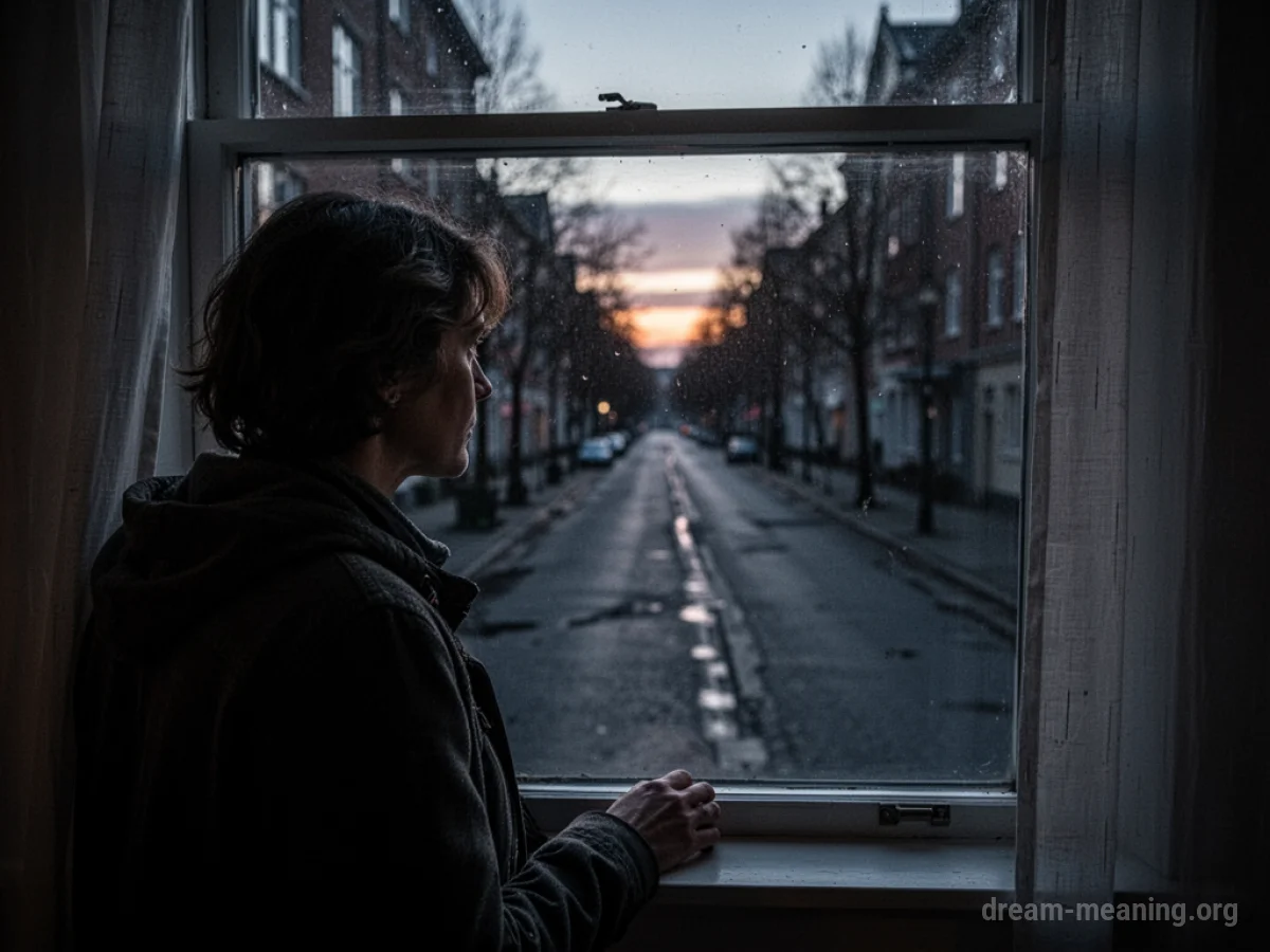 Silhouette of a person looking out a window at a dark street with the first hint of dawn.