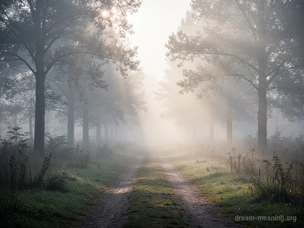 Sunlight breaking through fog to illuminate a pathway.