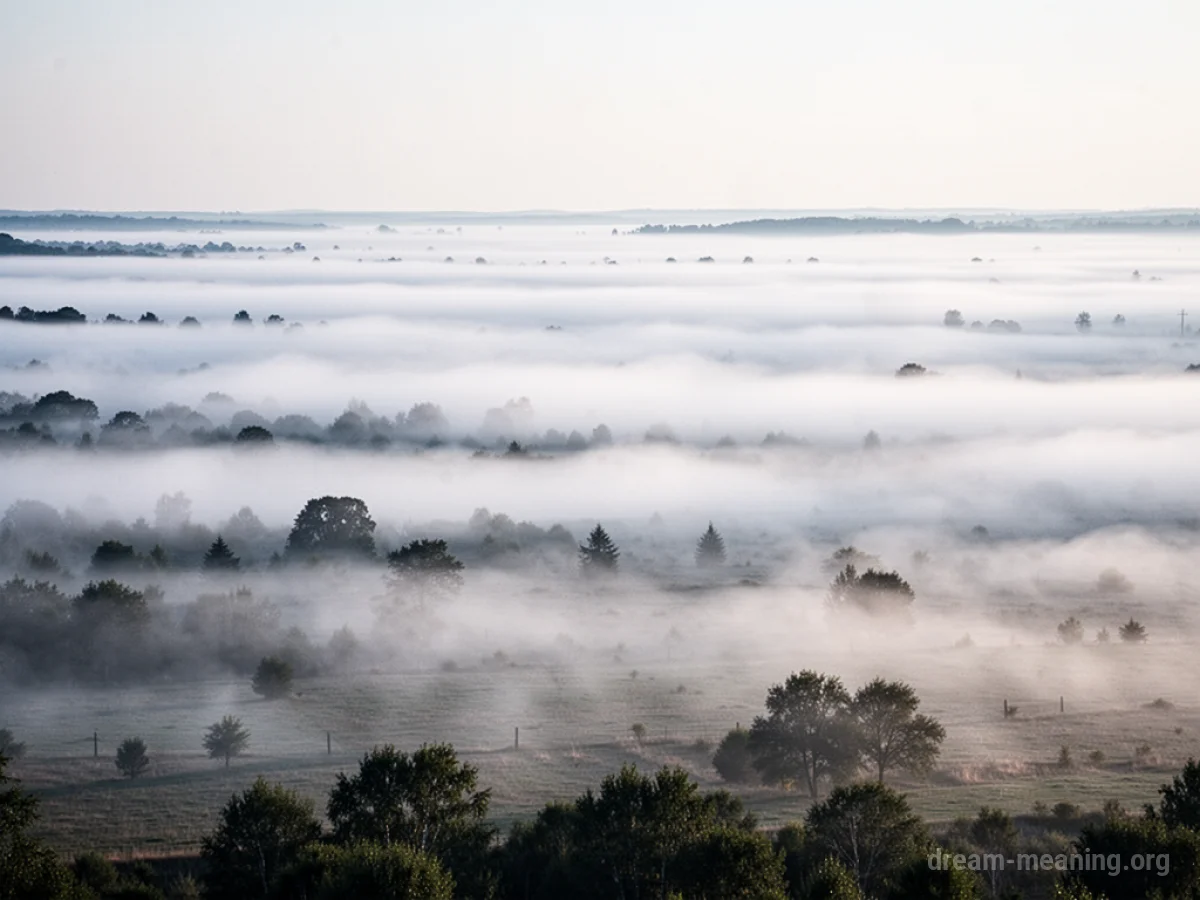 A thick white mist covers the entire landscape, making it impossible to see far ahead.