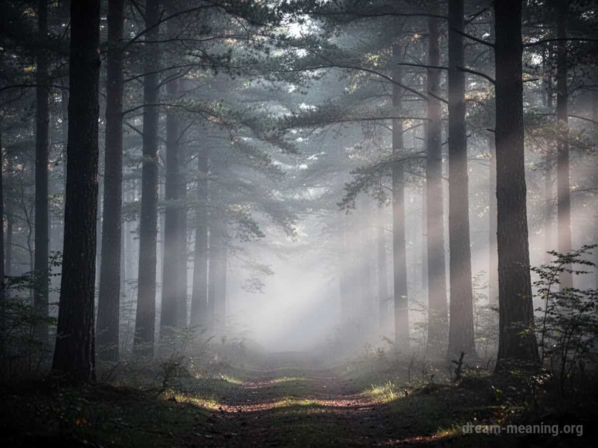 A foggy forest with trees barely visible through the mist.