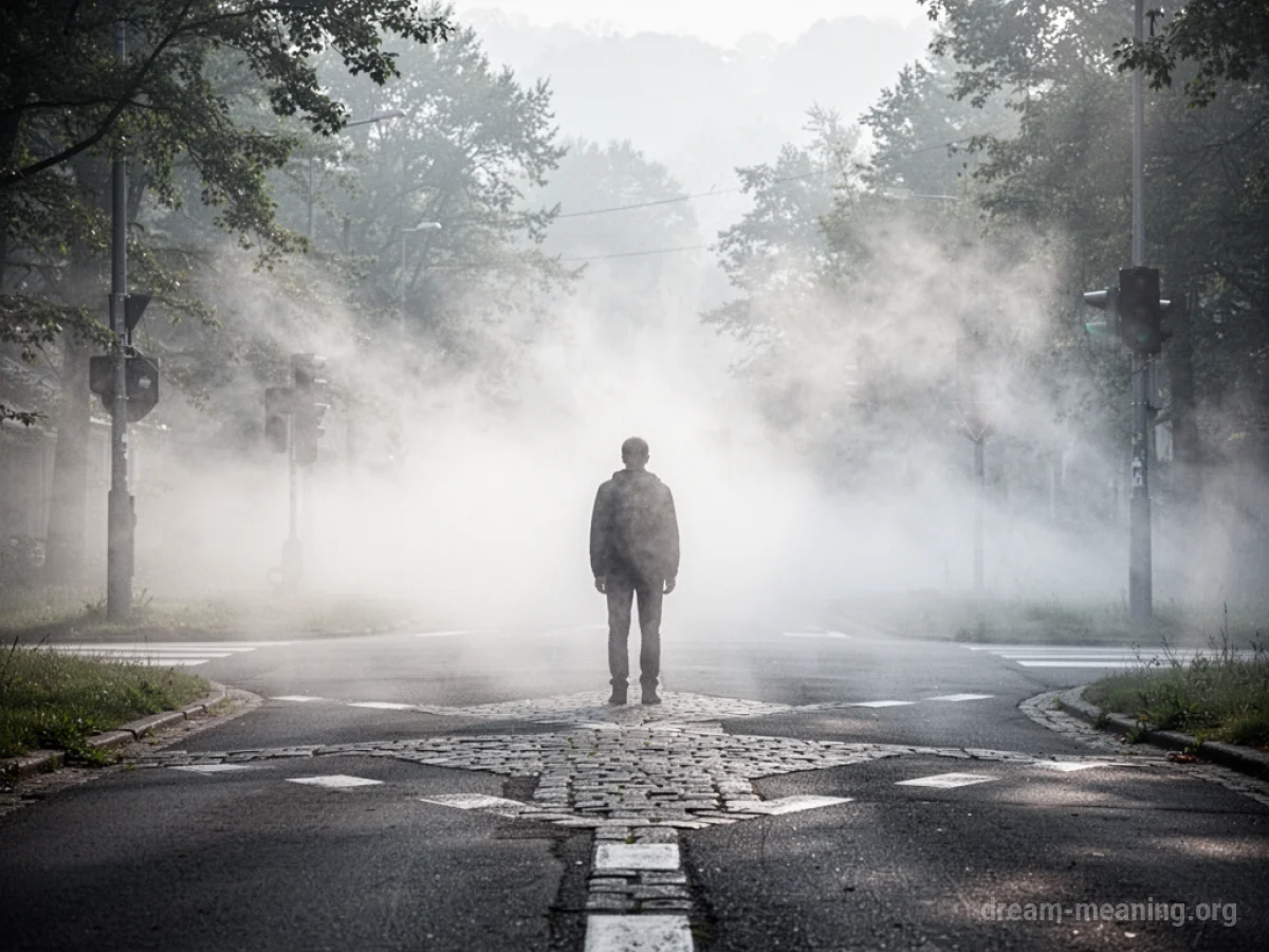 A person stands at a crossroads obscured by thick mist.