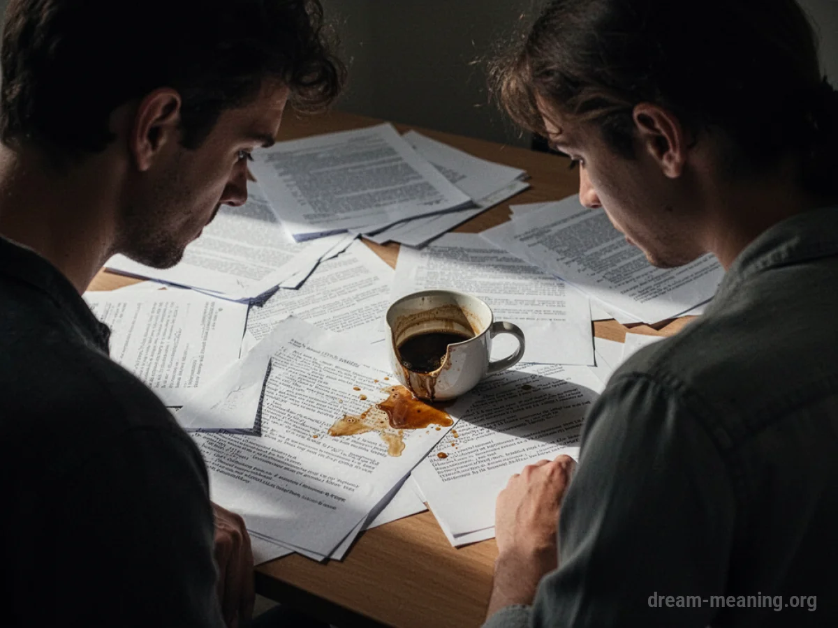 A desk with scattered papers and a spilled coffee mug.