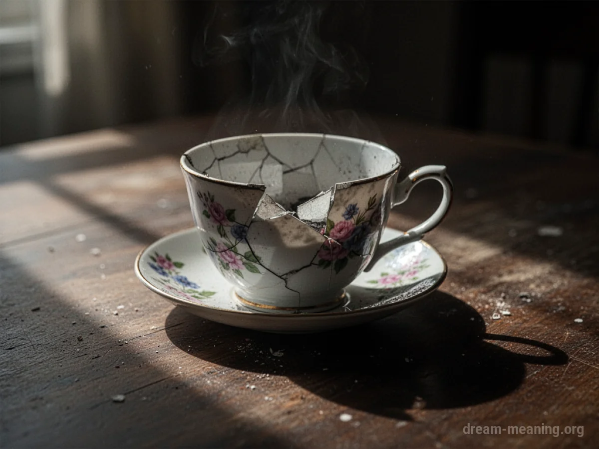 A cracked teacup casting a long shadow.
