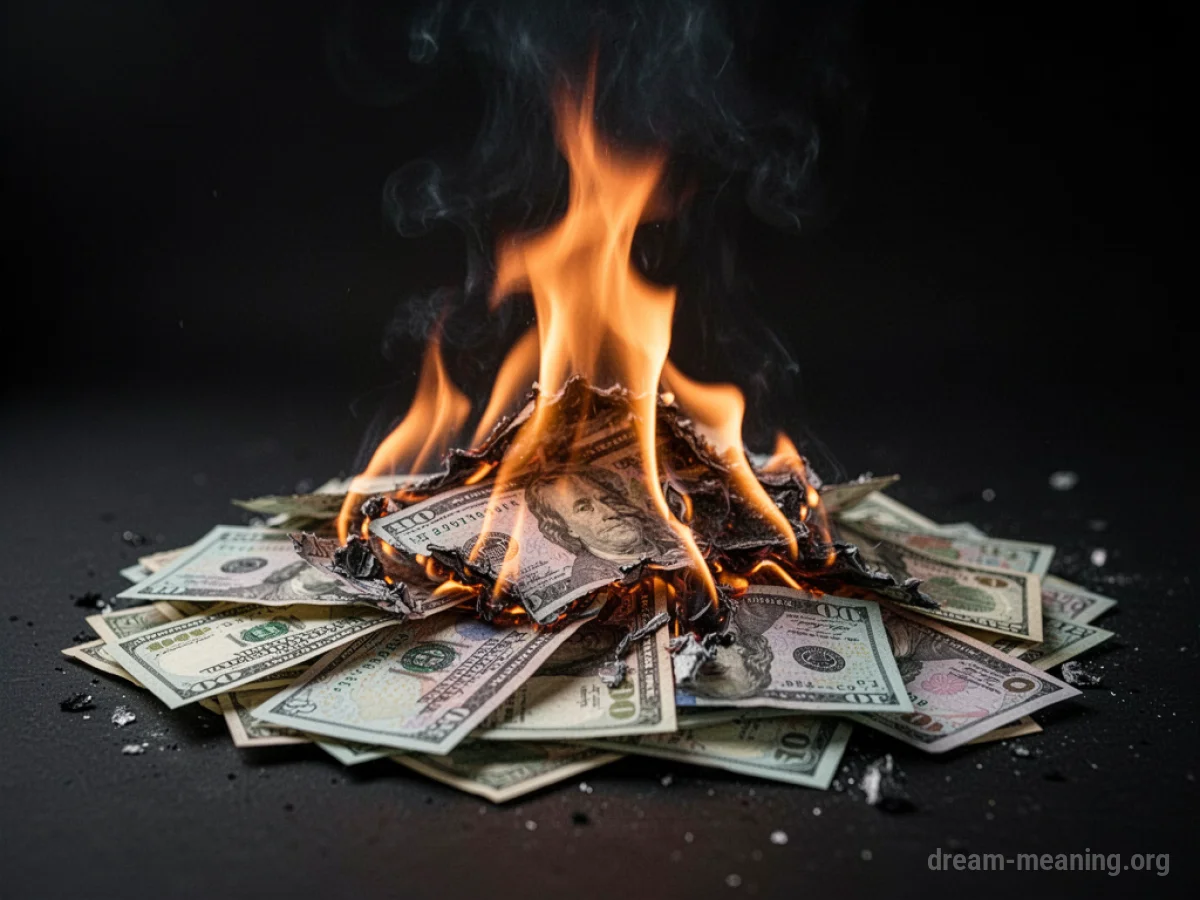 Flames consuming a pile of banknotes.