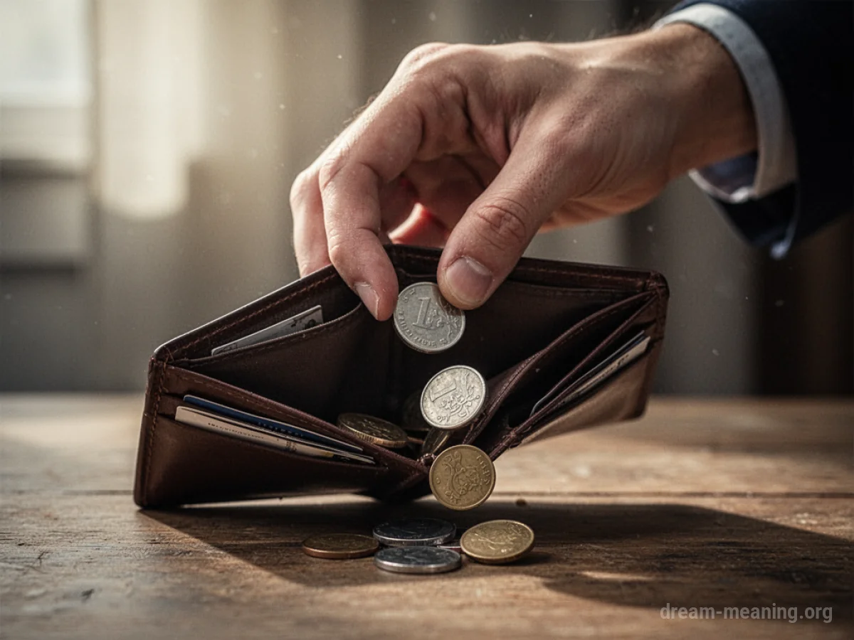 A hand pulling coins from an empty wallet.