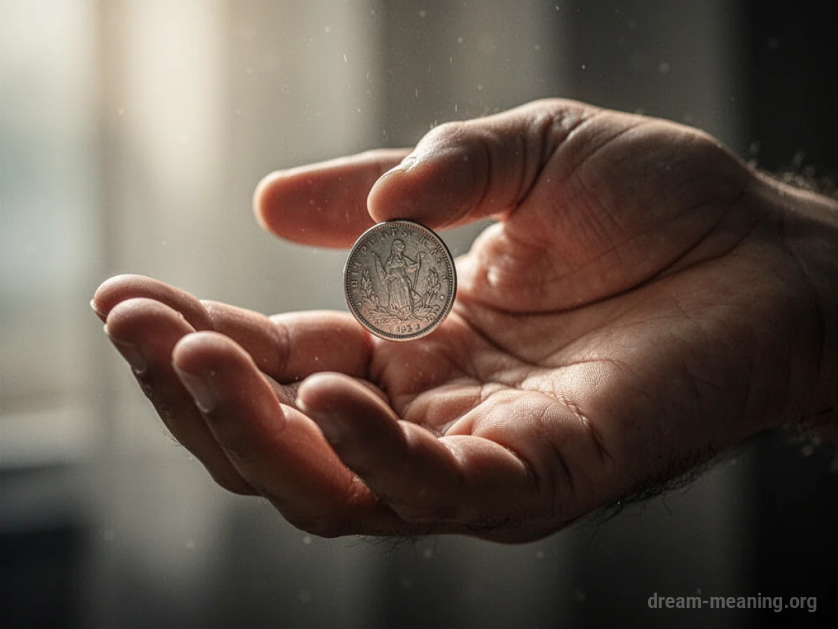 A coin falling from a person's hand.