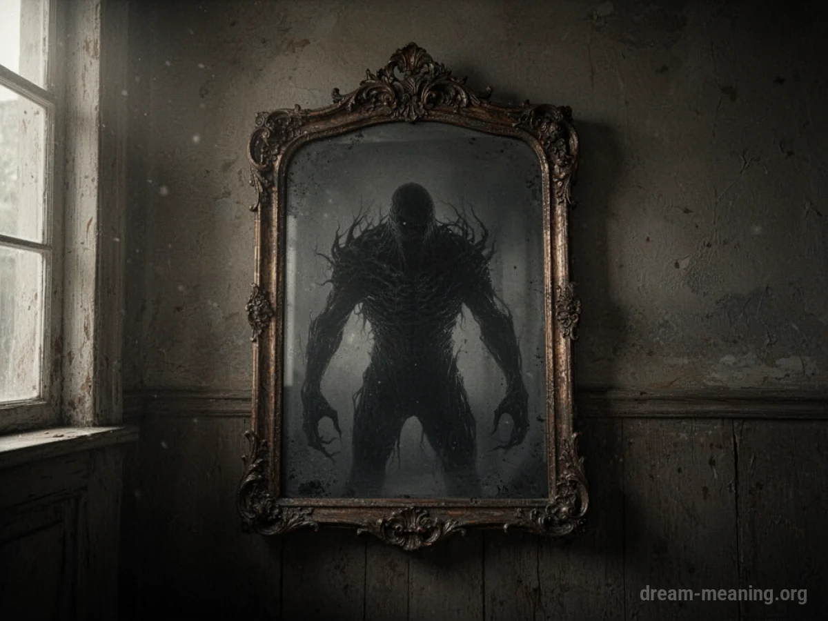 A distorted, monstrous shadow figure appears in an antique mirror.