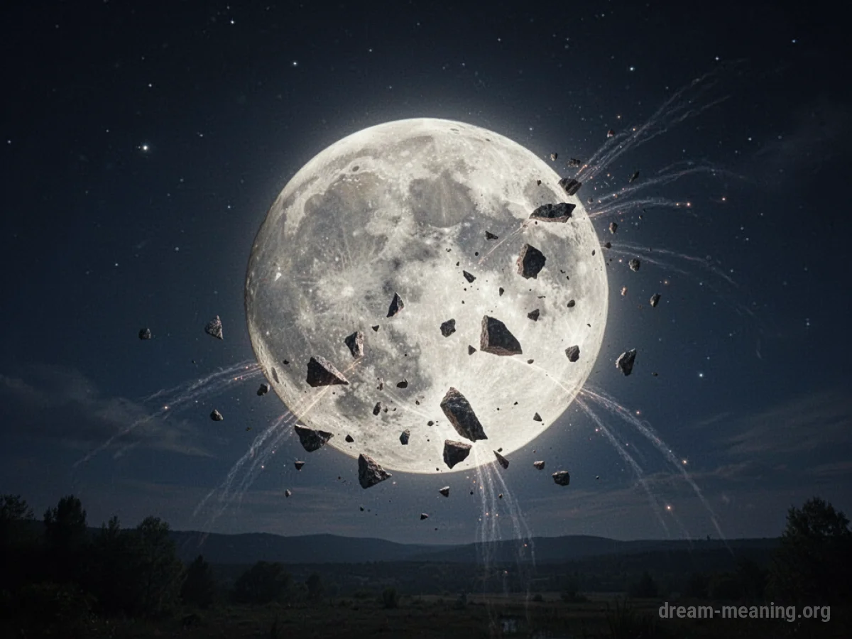 A fractured moon in a dark sky.