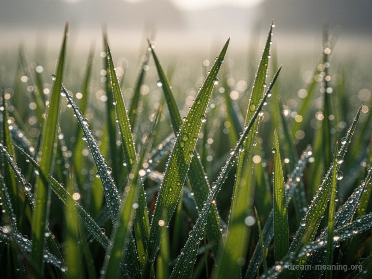 Dewdrops on blades of green grass.