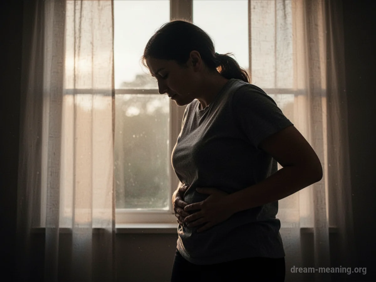 Silhouette of a person holding their stomach near a window with morning light.