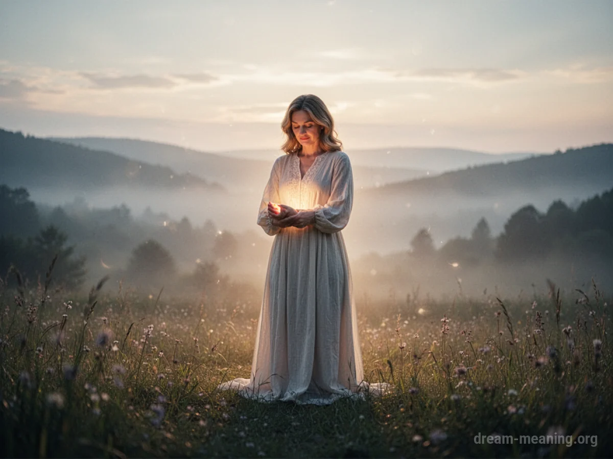 A gentle light shines from a maternal figure in a hazy landscape.