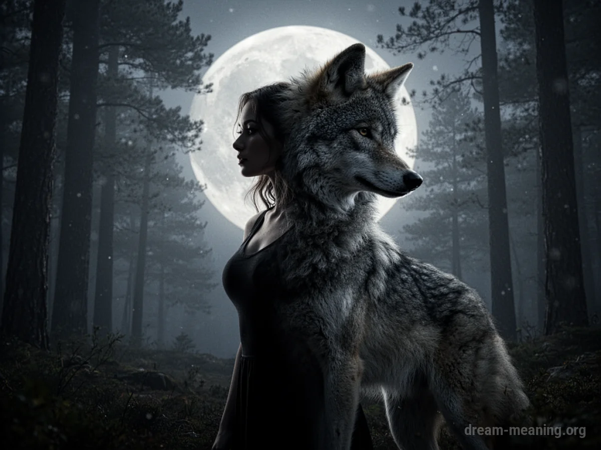 Silhouette of a woman with wolf features blending into her form in a dark forest.