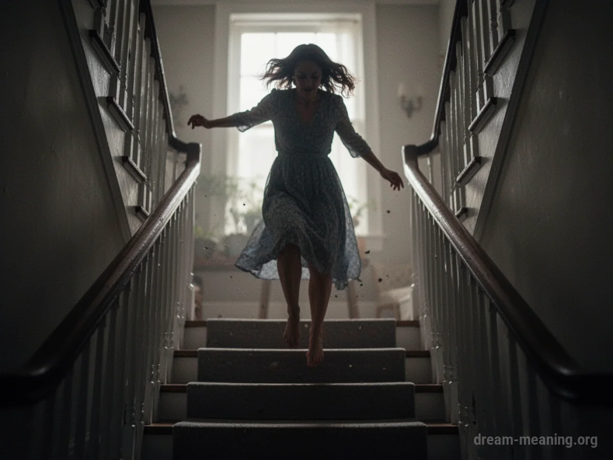 Silhouette of a woman at the top of stairs, looking unsteady.