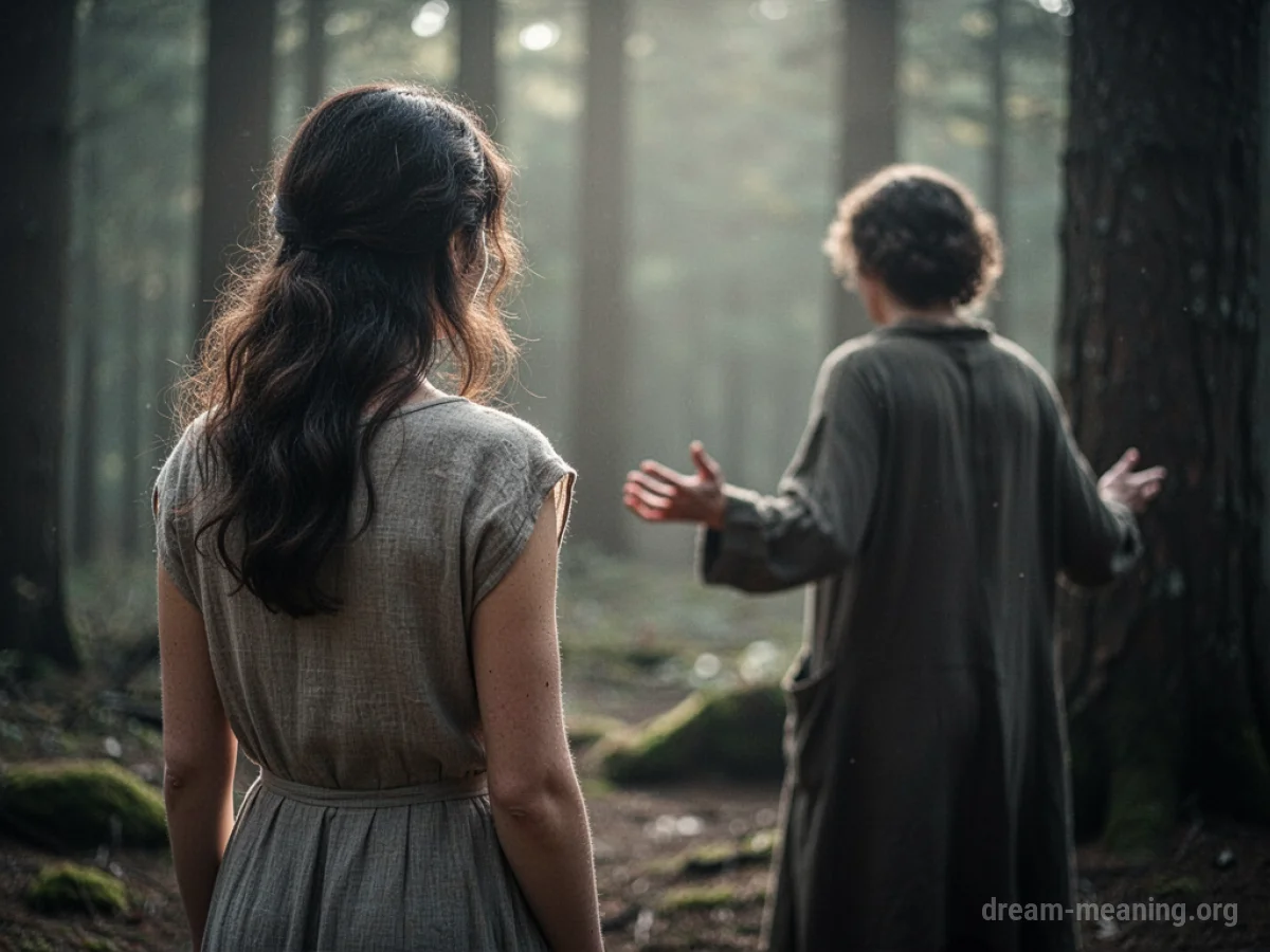 A woman's back is turned away from another person.