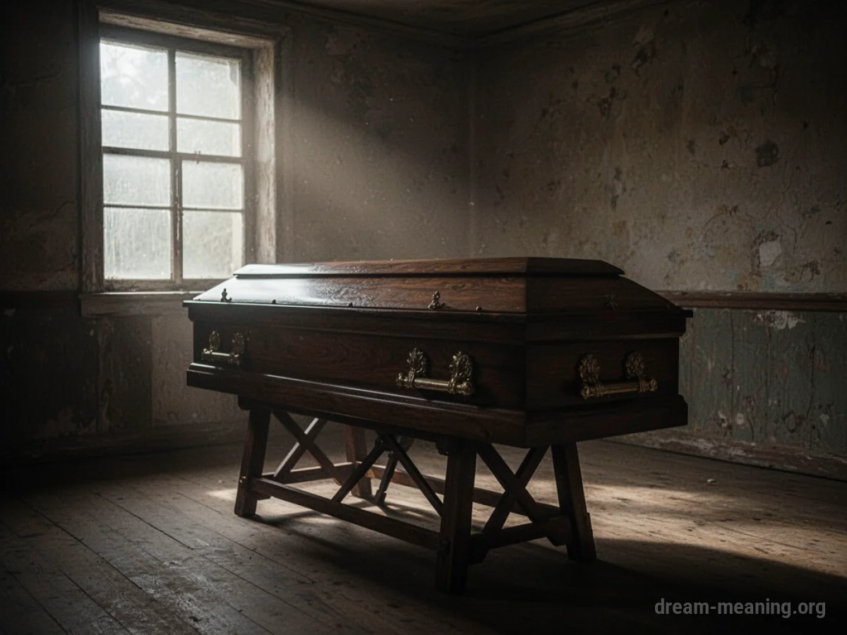 A closed wooden coffin in a dimly lit, quiet room.