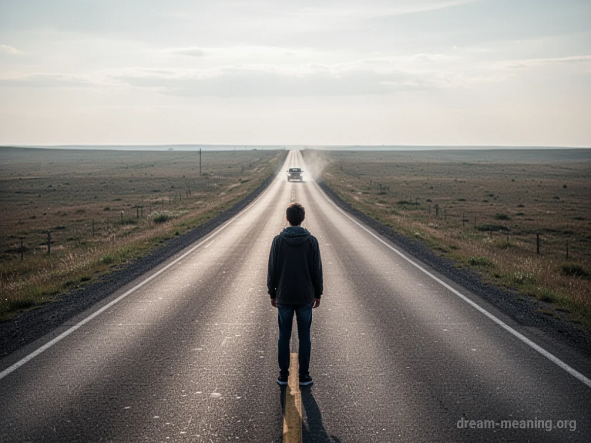 A person stands alone on a road as a car drives away into the distance.