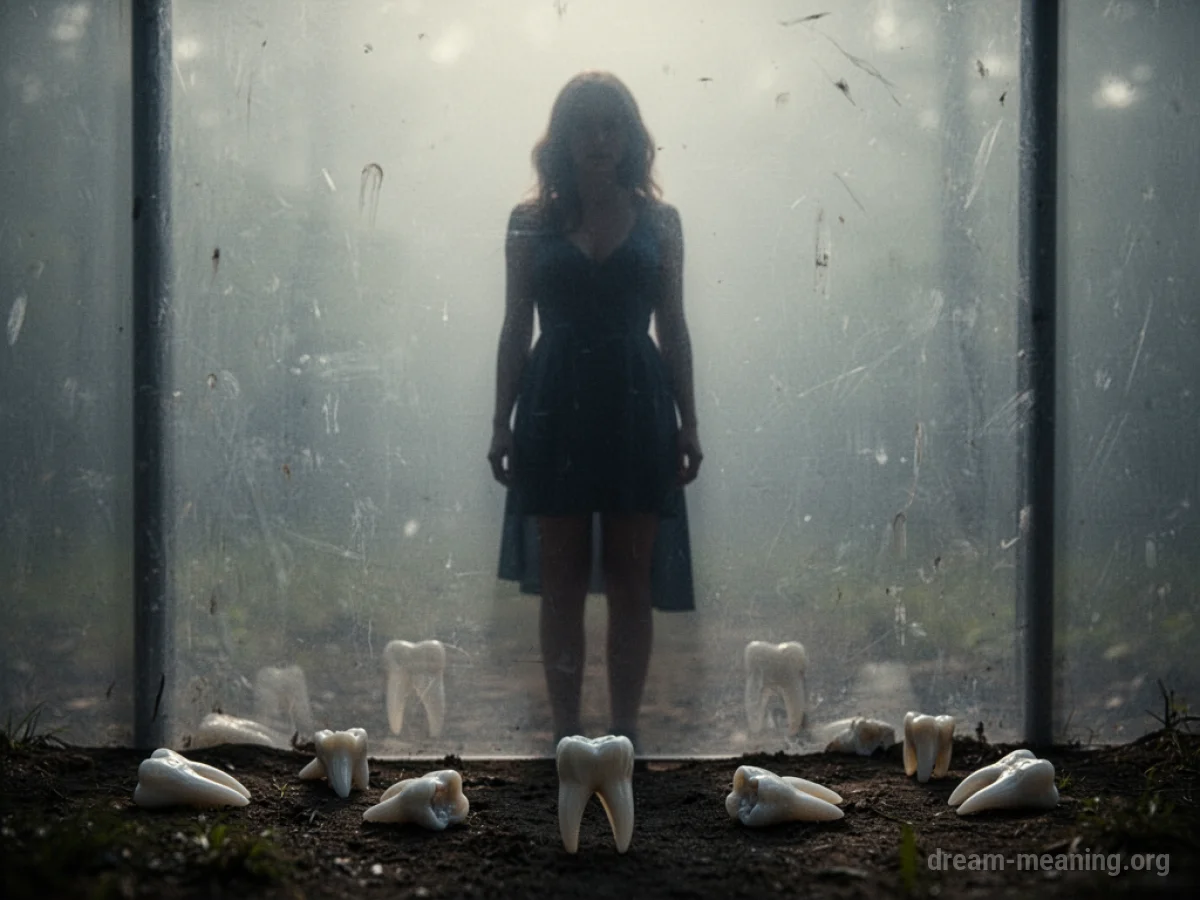 Silhouette of a woman with faint teeth fragments on the floor.