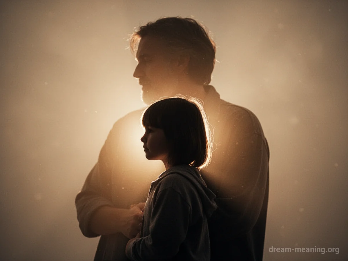 A person's silhouette with a larger silhouette behind them, both bathed in a soft glow.