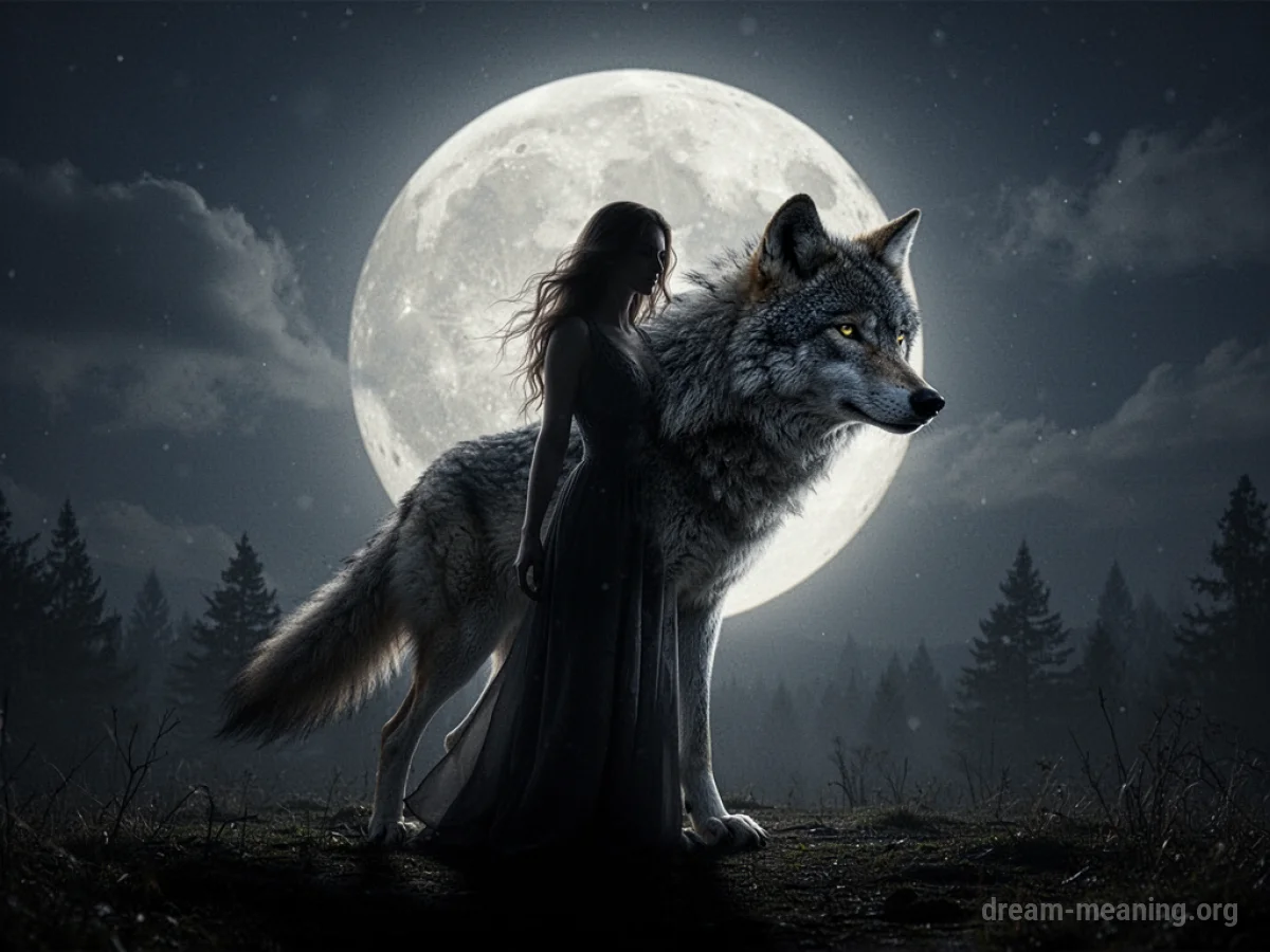 Silhouette of a woman's upper body merging with the head and fur of a wolf.