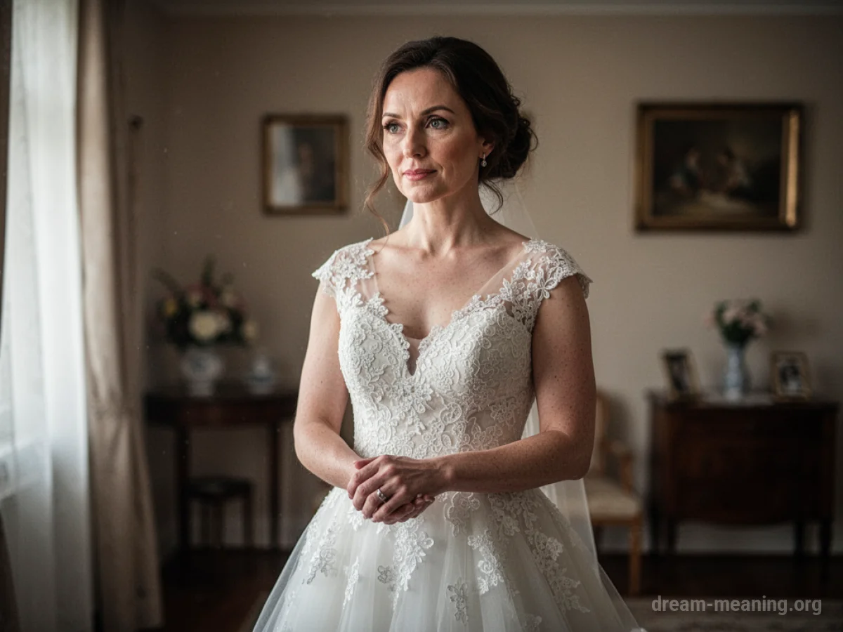 A woman wearing a wedding dress standing in a room.