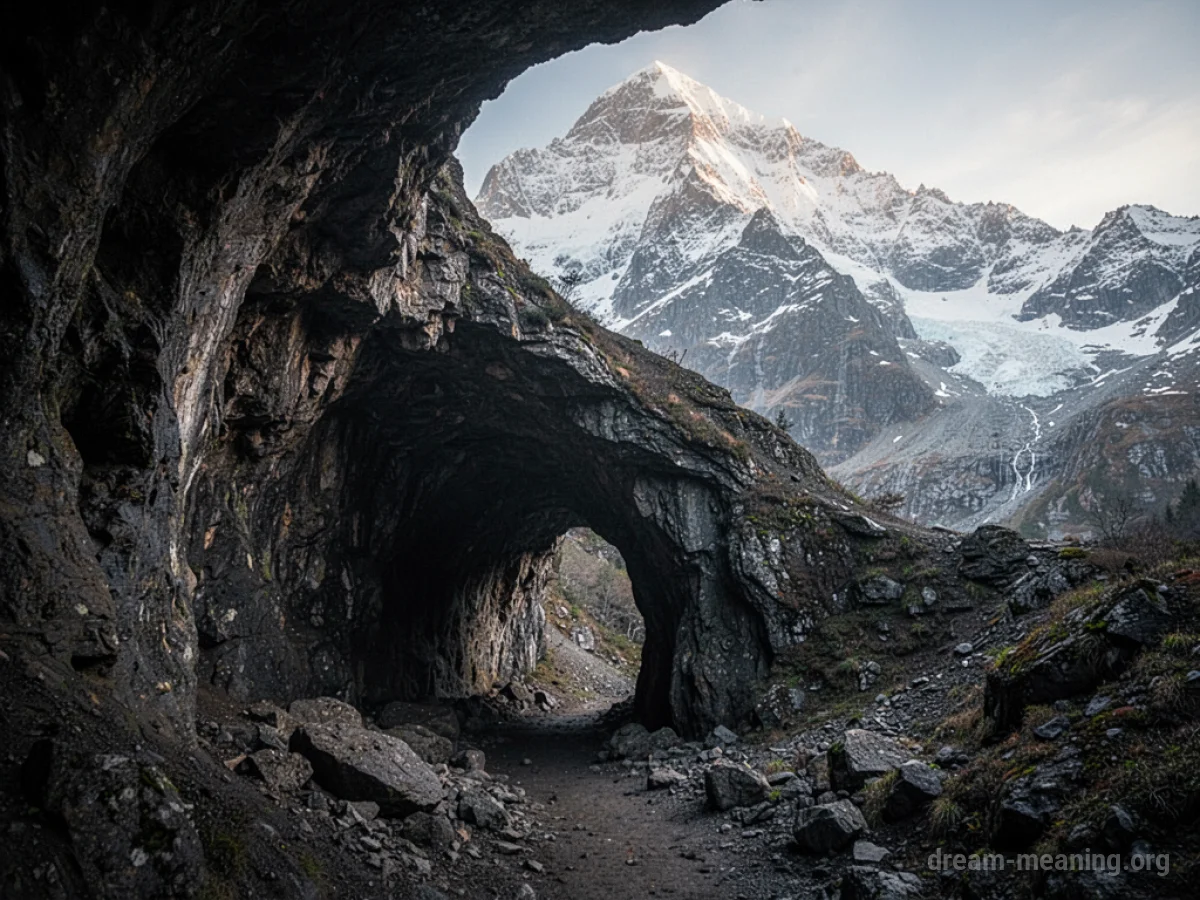 Entrance to a cave on a rocky mountain.