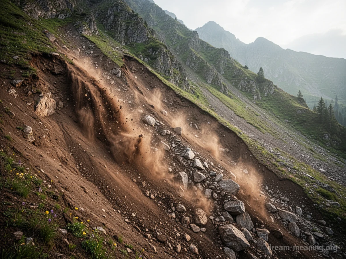 A section of a mountain slope has collapsed, with debris flowing down.