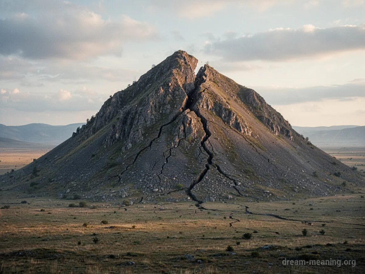 A mountain cracking and shifting on a flat landscape.